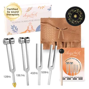 Resonance Tuning Forks for Healing Set- Includes(128Hz, 136.1Hz, 432Hz, 528Hz), with Vegan Leather Pouch &Activator, for Chakra Balance/Sound Therapy/Yoga/Meditation/Stress &Relaxation,