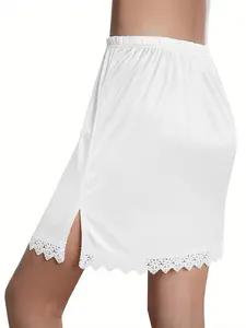 Lace Trim Under Skirt, Breathable Ice Silk Fabric, Smooth Skin-Friendly, Anti-Exposure, Side Slit Design, Half-Length Dress Base Layer