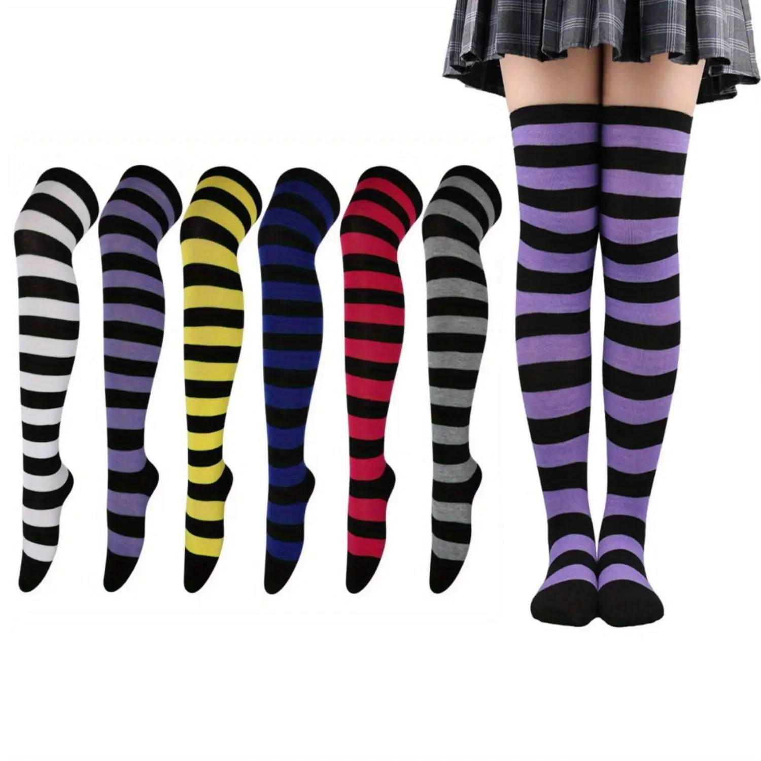6/3 Pairs High Thigh Socks Set,Striped Over Knee Thin Tights Long Stocking for Women Leg Warmer,Halloween Christmas Party Gifts