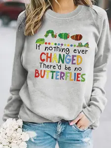 Women's Casual Fun Caterpillar Letter Print Pullover Sweater, Soft Long Sleeve Round Neck Sweatshirt, All Seasons Wear