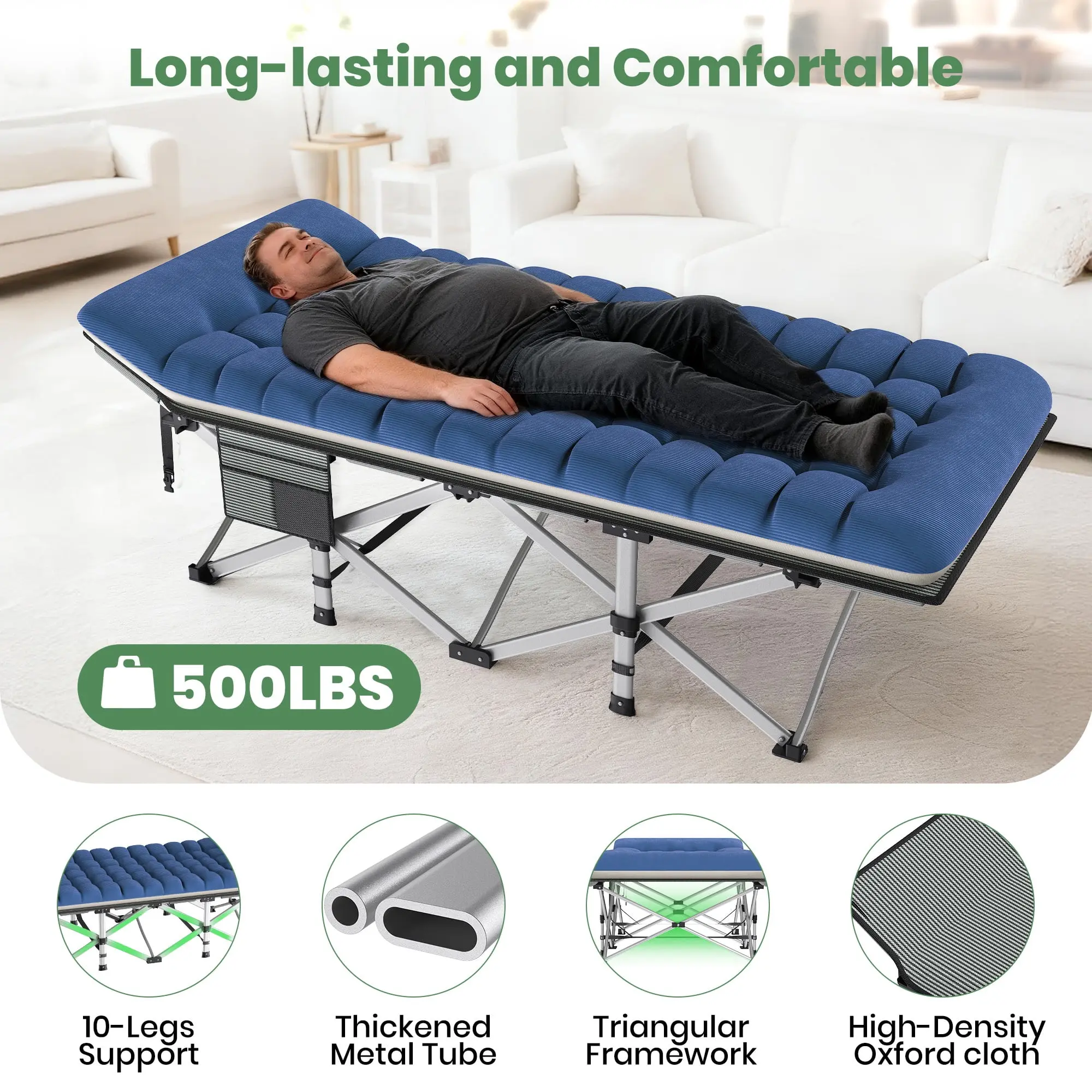 GVDV XXL Camping Cot for Adults, 78" x 32" Heavy Duty Folding Bed with Removable Double Layer Mattress for Travel, Camp & Office Naps, Unisex, Armless, 1 X Removable Cushion/Mattress, 78 In X 32 In X 20 In