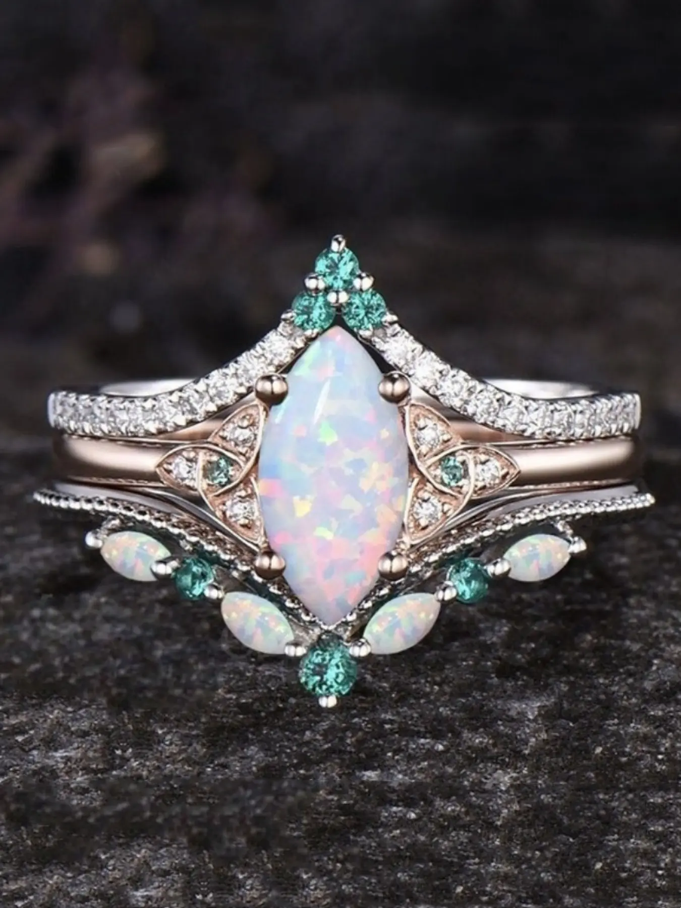 3pcs Opal & Emerald Stackable Promise Ring Jewelry Set Ultimate Fairy Tale Princess Vibe Chef’s Kiss for Proposals Weddings Anniversaries & Everyday Wear. Perfect Romantic Gift for Girlfriends & Partners.