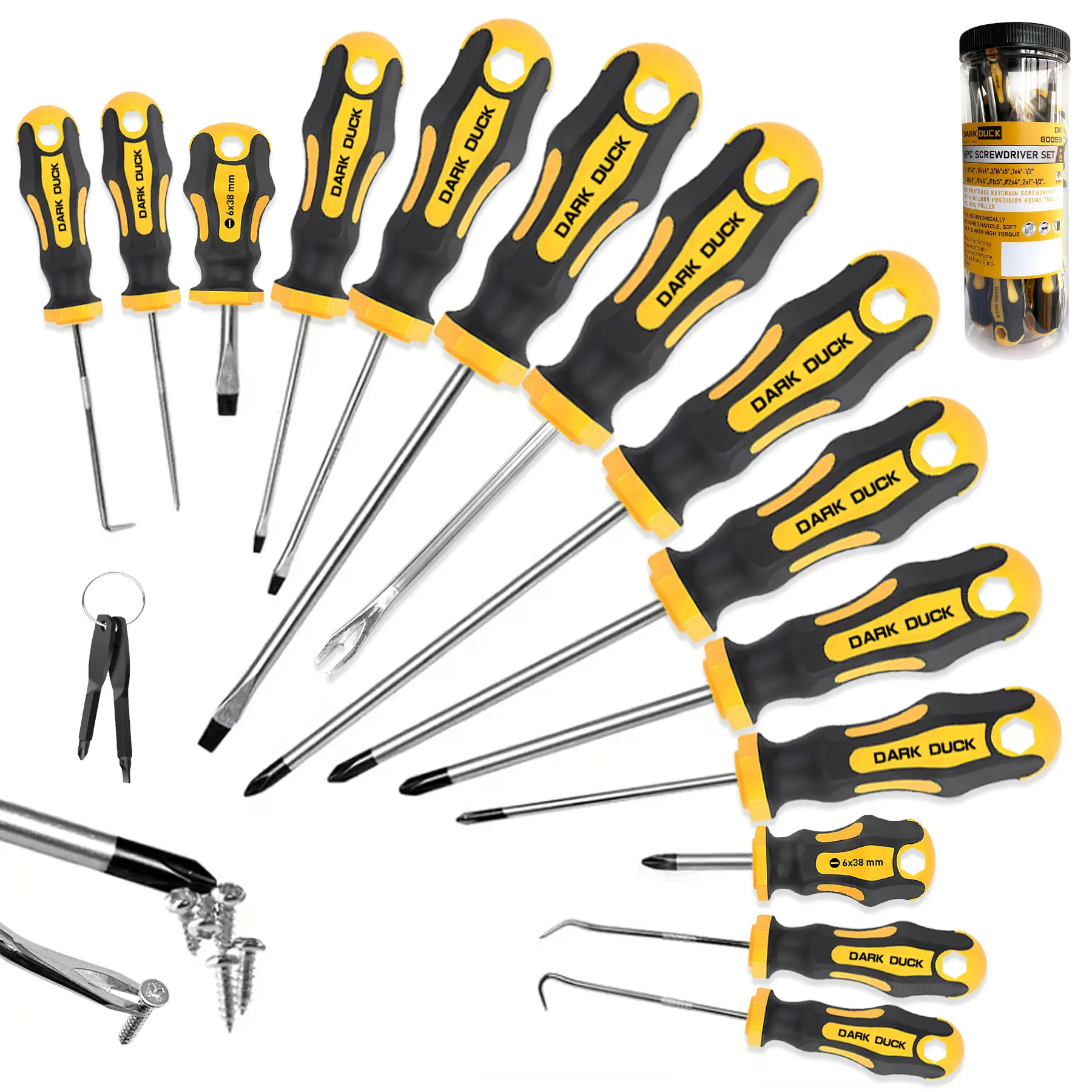 DARK DUCK 16pcs Magnetic Screwdriver Set with Magnetic Tips - Chrome Vanadium Steel, Lemon Yellow Polished Finish, Flat & Phillips Heads, Nail Puller, Pick & Hook Tools - Mechanic Equipment, Tools for Mechanics, Metal Surfaces Use