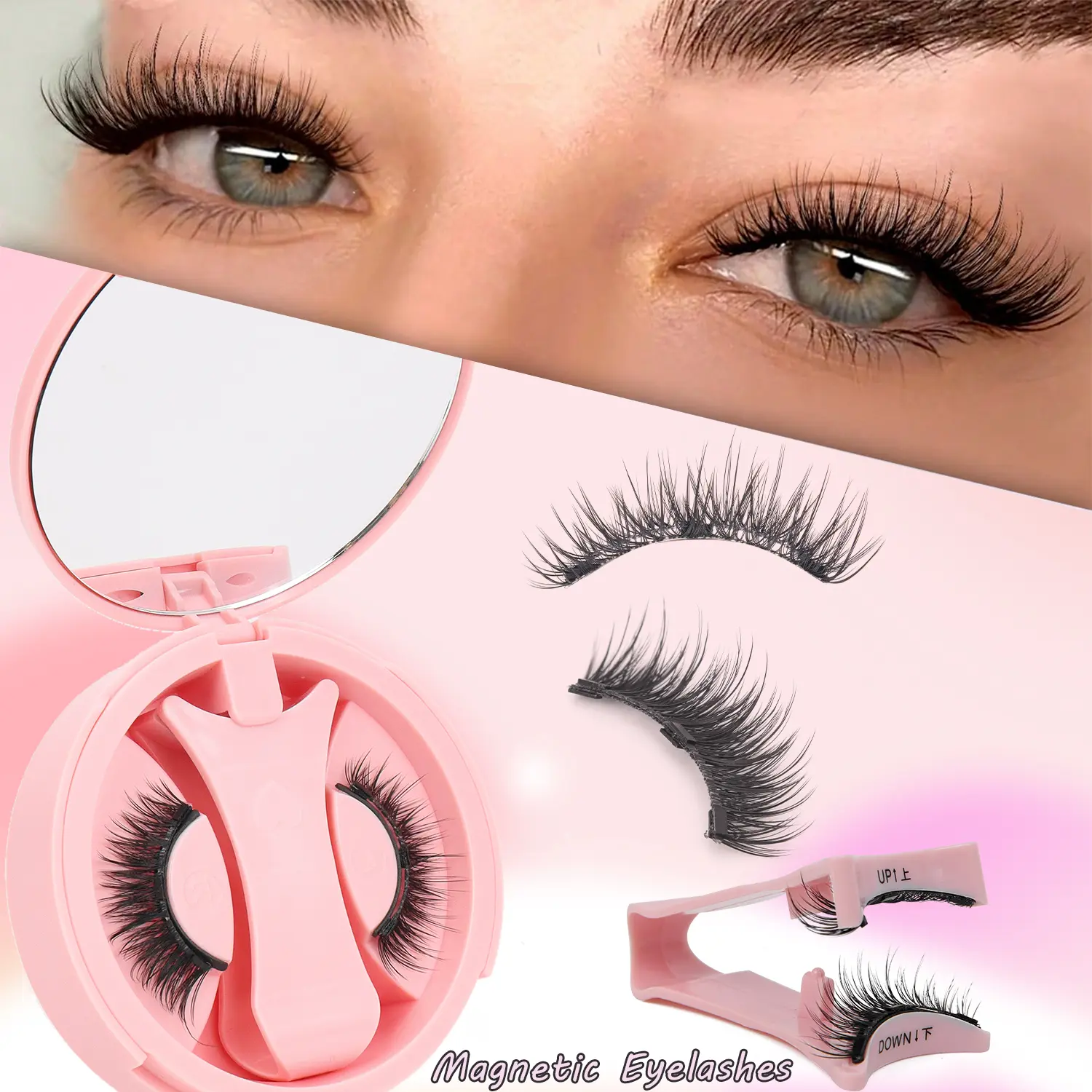 1 Pair of Reusable Magnetic False Eyelashes Set, with Eyelash Curler, Natural Cross Style, Waterproof and Glue-Free, Suitable for Sensitive Eyes