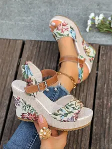Summer Bohemian Floral Ankle Strap Wedge Sandals for Women, Retro Thick Sole High Heels, Stylish Comfortable Shoe for Lazy Chic Look