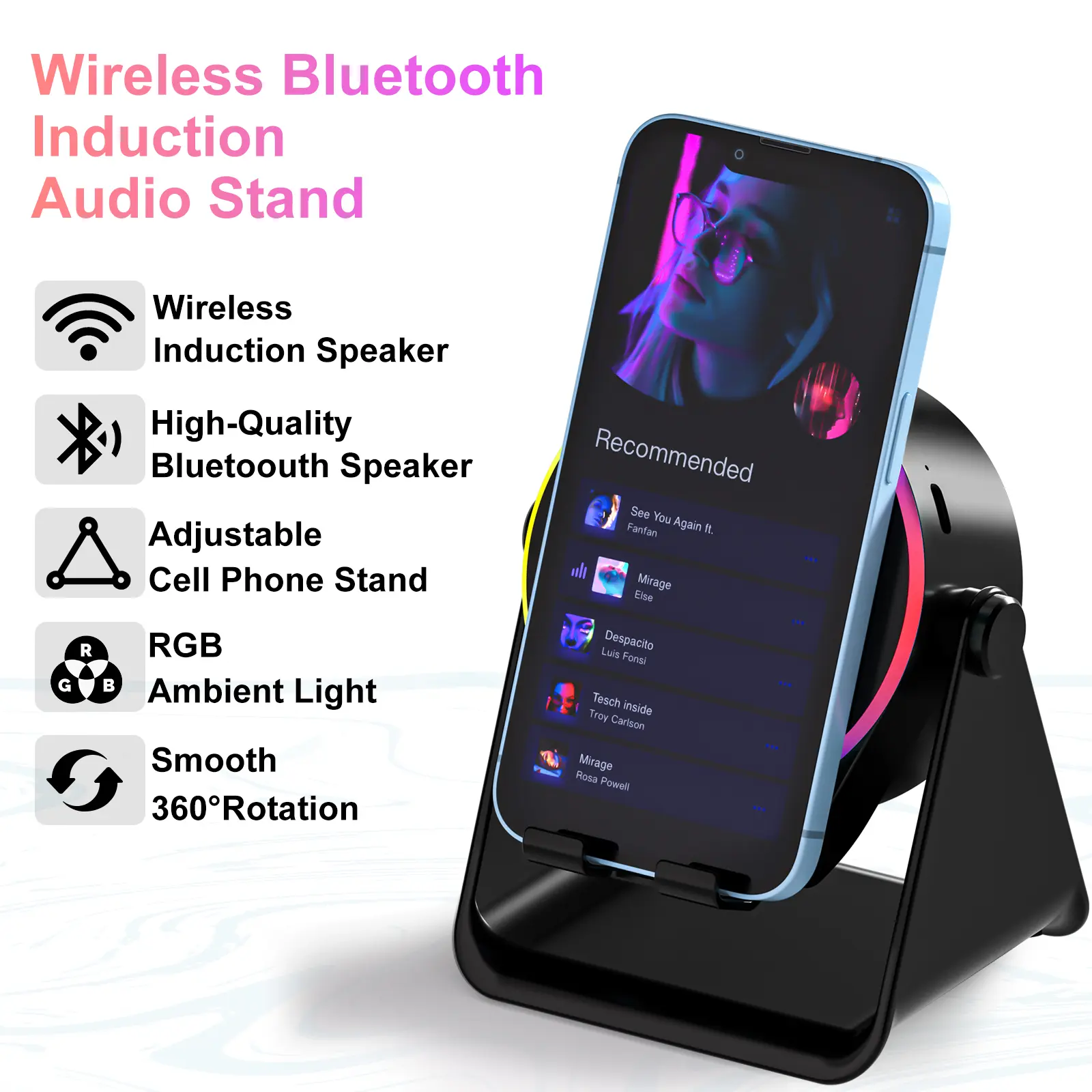 4 IN 1 Wireless Induction Audio Bluetooth Speaker, 360° Rotation Stand with LED, Universal Speaker Stands for Surround Sound&Charger,Portable Desktop Stand Gift  for Home, Shower, Outdoors, Travel