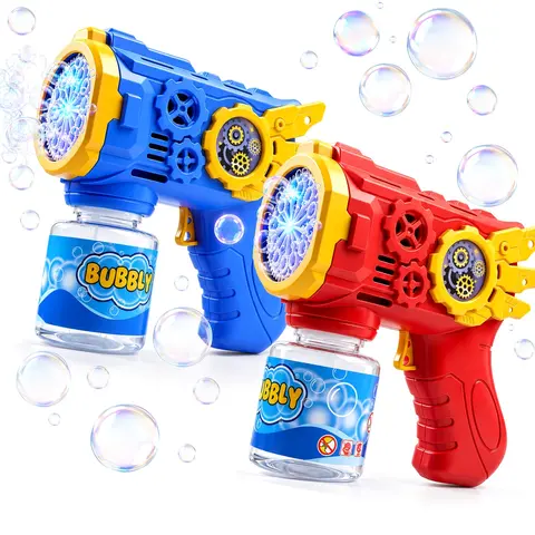 2 Pack Bubble Machine for Kids with LED Lights, 12-Hole Automatic Bubble Blasters with Bubble Solution, Battery Operated Outdoor Toys for Backyard Birthday Parties, Red and Blue