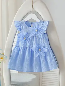 Baby girl clothing, baby girl dress, fresh and fairy flower style, baby girl light blue pleated mesh dress, three-dimensional flower+rhinestone decoration+lotus shoulder sleeves, Valentine's Day gift, suitable for centennial banquets, Baby Girl Clothes