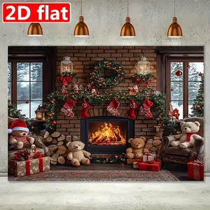 Soft Polyester Christmas Fireplace Background Cloth Banner - Multi-Size Festive Photo Booth Backdrop with Sock Ornament, Indoor Home Holiday Event Wall Decoration Supply