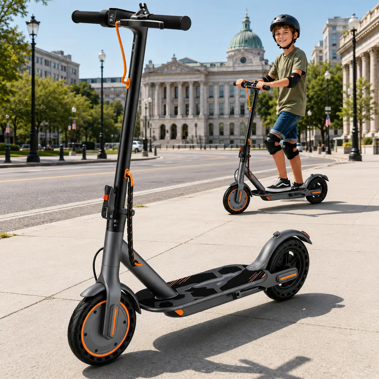 B Trendy orange foldable electric scooter for kids in 2026, featuring 8.5-inch solid tires, a 36V 4.5Ah battery, dual brakes, and the ability to climb 15-degree slopes—safe outdoor riding gear acooter