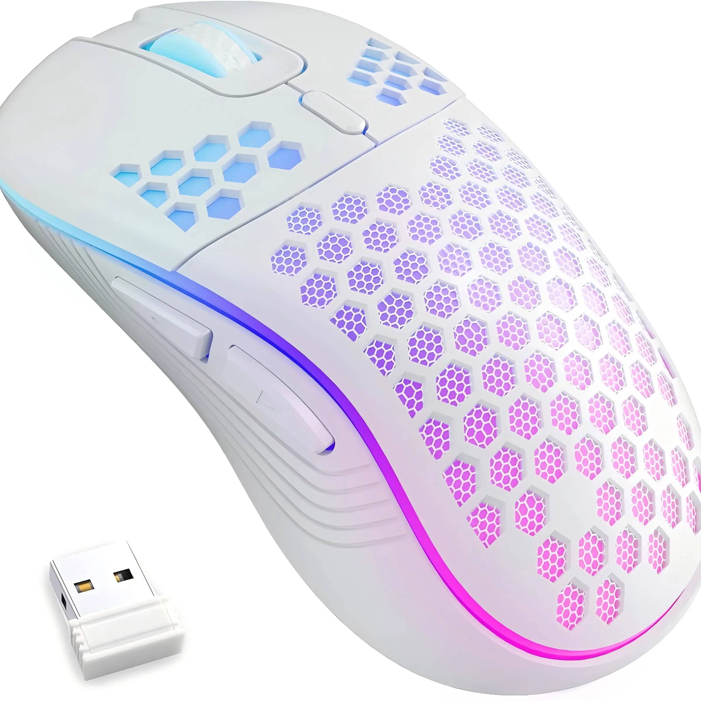 Wireless Lightweight Gaming Mouse, Computer Game Hardware, Ultra-Light Honeycomb Shell, 2.4g Wireless Rechargeable RGB Backlight, 6 Buttons, Adjustable 3200 Dpi, USB Receiver