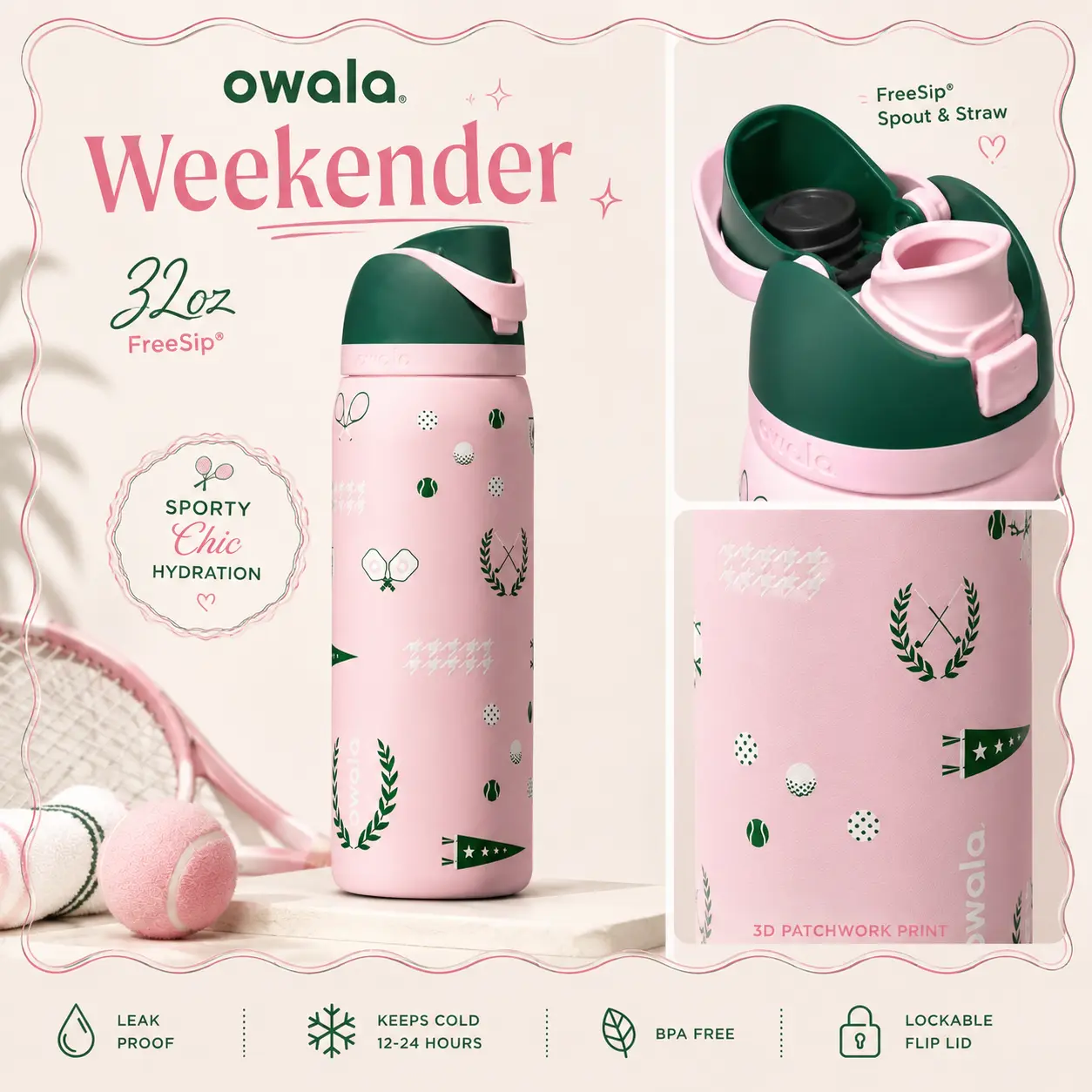 Owala FreeSip 32oz Weekender Bottle, Insulated Stainless Steel Water Bottle with Straw, BPA-Free Sports Drink Bottle
