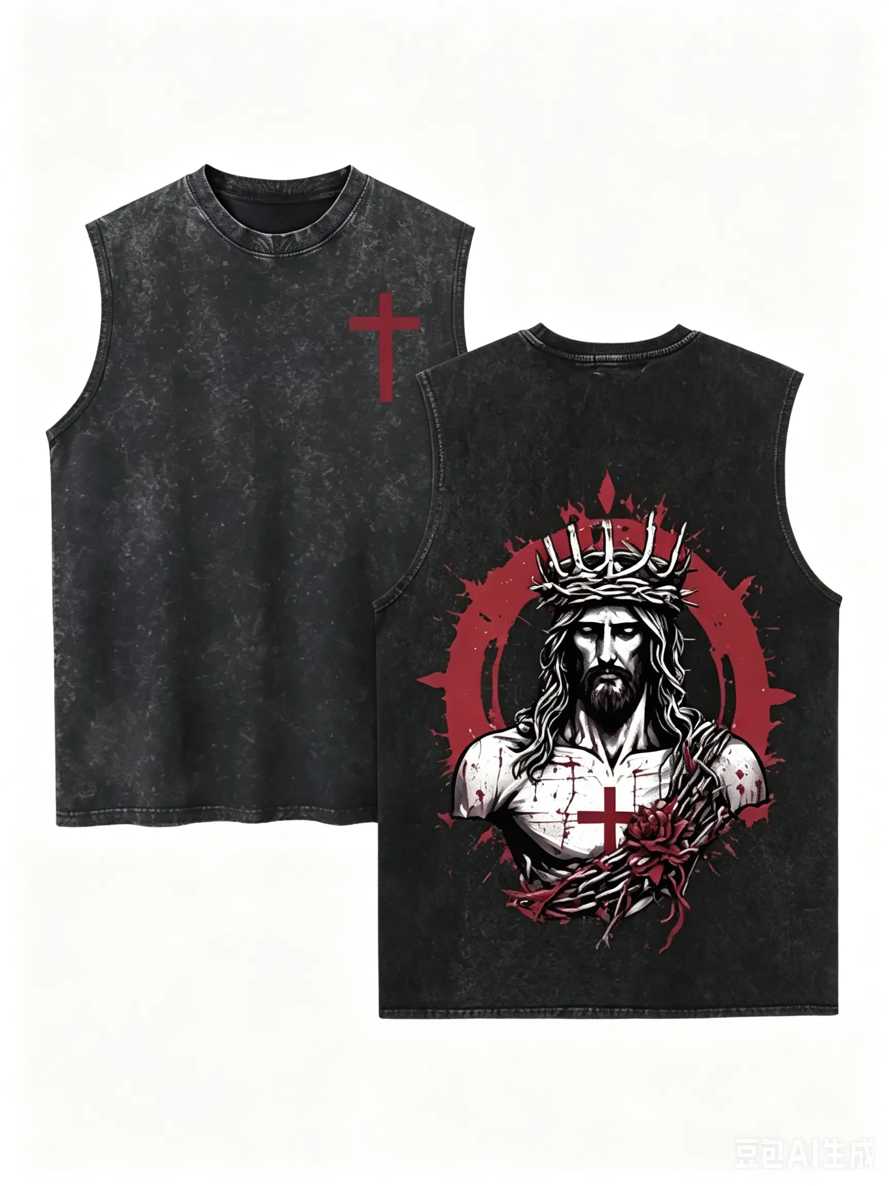 Men's Oversized Loose Breathable Vintage Acid-Washed Black Cotton Sleeveless Tank Top - Menswear Gothic Christian Minimalist Streetwear Vest with Small Red Cross Chest Print, Crown of Thorns Jesus & Red Rose Blood Splatter Full Back Print