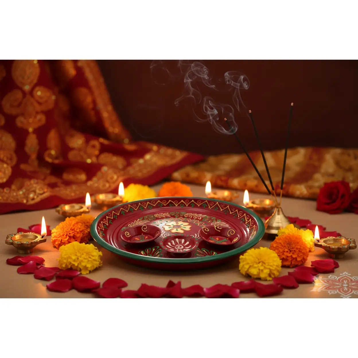Decorative Pooja Thali Plate - Traditional Aarti Plate with Hand-Painted Designs