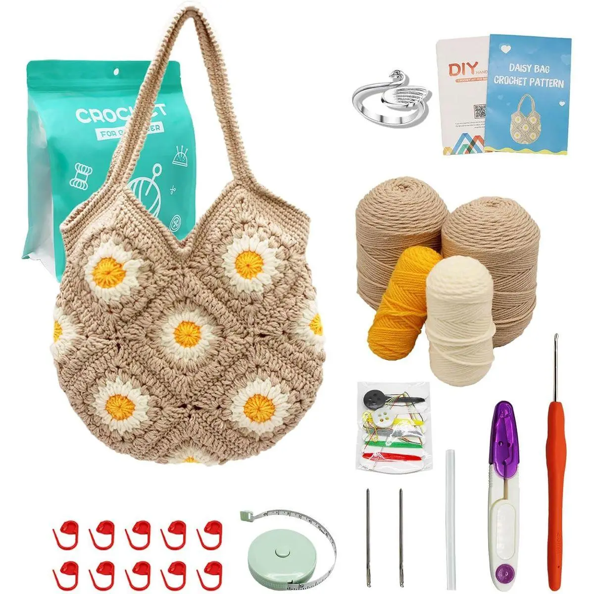 Crochet Kit for Beginners Daisy Tote Bag DIY Granny Square Knitting Kits of Daisy Tote Bag with Step-by-Step Video Tutorials Crochet Kit Beginners for Adults