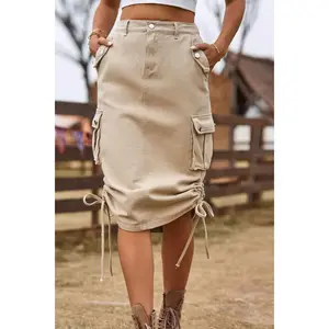 Drawstring Denim Cargo Skirt