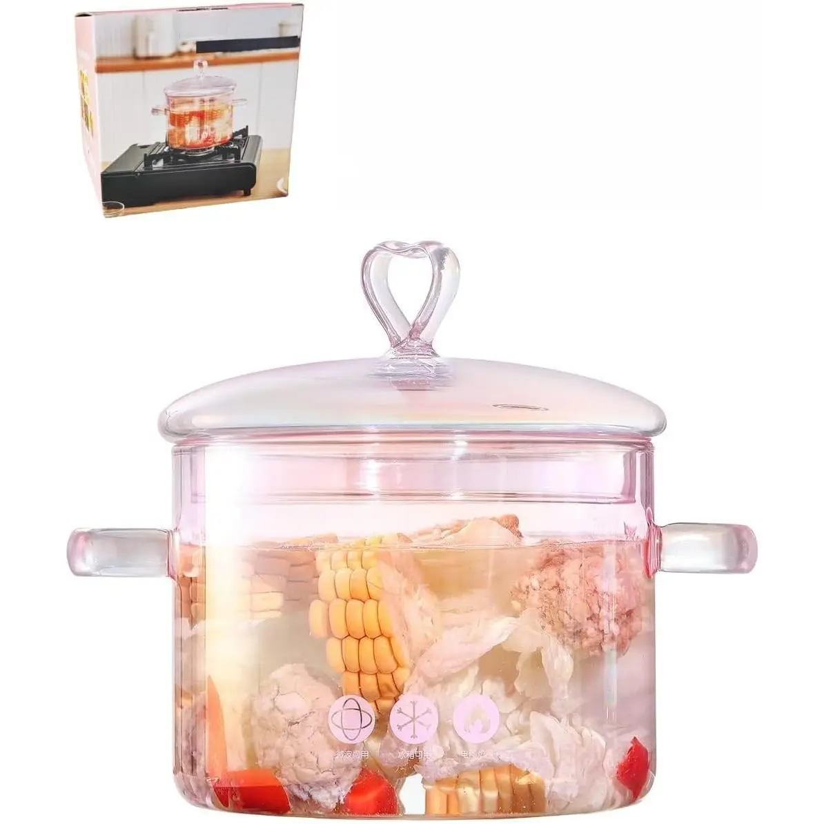 1.5L Pink Glass Cookware Pot with Heart-Shaped Lid, 1500ml (51oz) Heat-Resistant Glass Pot, Easy to Clean, Safe for Oven, Gas, Electric Stoves & Dishwashers, Ideal for Potpourri & Soups