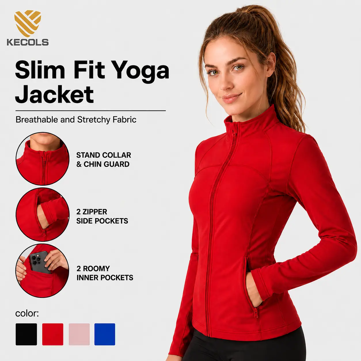 Women's Slim Fit Full Zip Jacket – Long Sleeve Yoga Top with 4 Pockets for Workout & Running Activewear Sports Outerwear