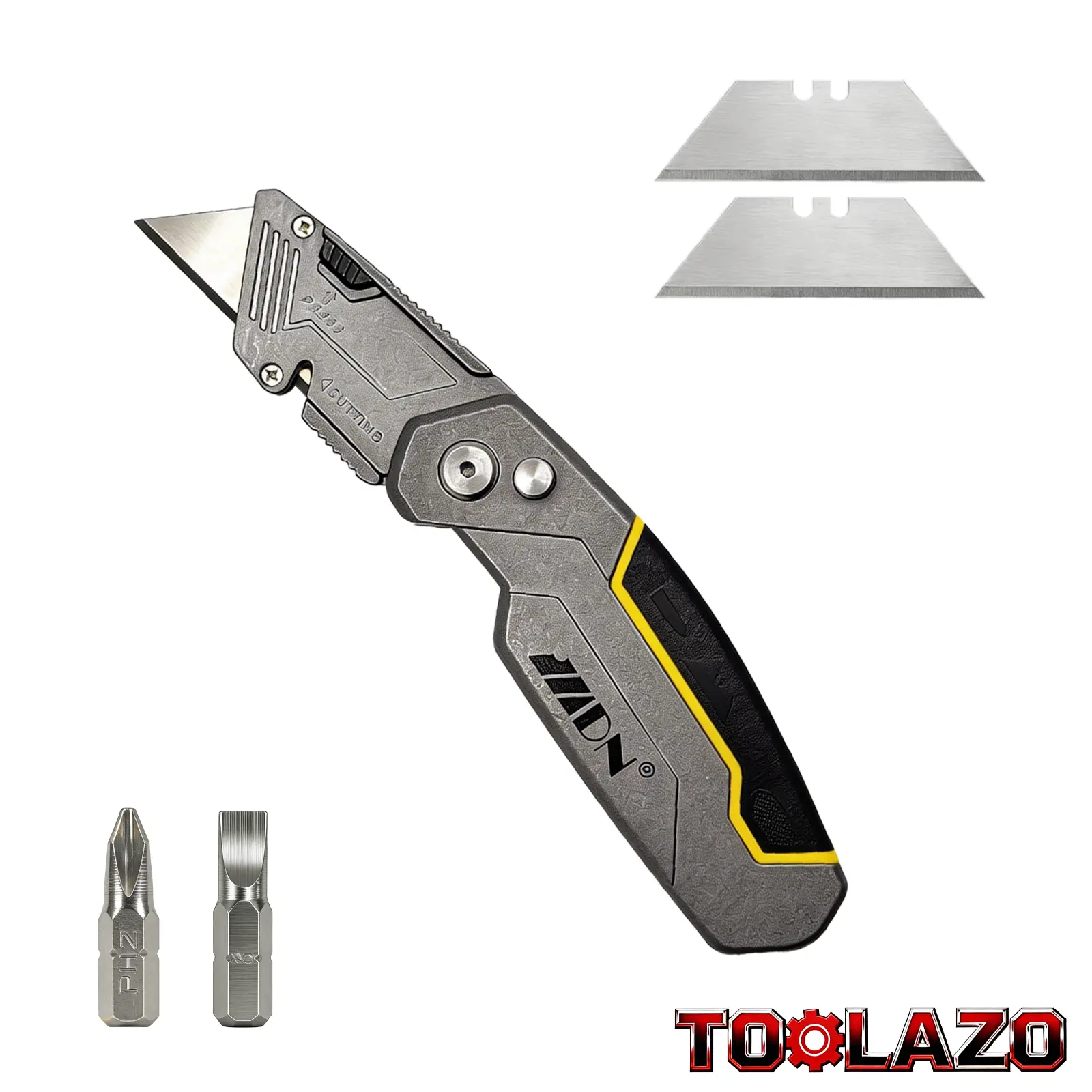 Heavy Duty Folding Multitool Knife - 2-in-1 Folding Tool Knives with Replaceable Blade, Quick-Change Retractable Design, 2 Spare Blades, Built-In Flathead-Phillips Bits, Pocket Clip, Compact EDC Work Tools for Warehouse Work, Ideal Dad Gift, Replaceable B