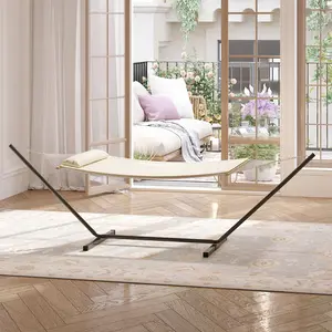 2 Person Cotton Rope Double Hammock with Stand, Heavy Duty 450 lbs Capacity, Includes Polyester Pad and Pillow, Hardwood Spreader Bars, Easy Assembly, Perfect for Backyard, Patio, Poolside, Indoor and Outdoor, Dark Grey