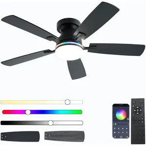 Ceiling Fans with Lights, 48 inch Low Profile Ceiling Fan with Light and Remote Control, Flush Mount RGB Dimmable Light, Noiseless, Black Ceiling Fan for Bedroom Indoor/Outdoor Use