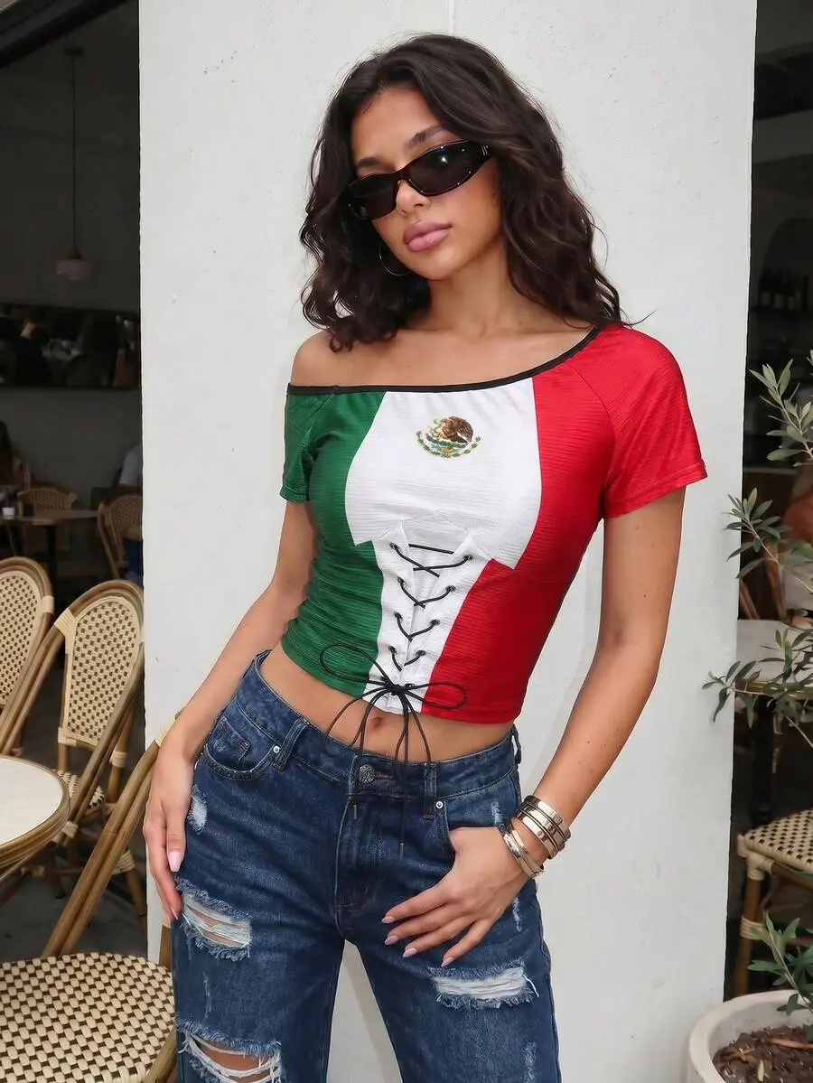 Mexican Mesh Asymmetric Neck Criss-Cross Fitted T-Shirt for Sexy Summer Outfits and Trendy Daily Wear High Search