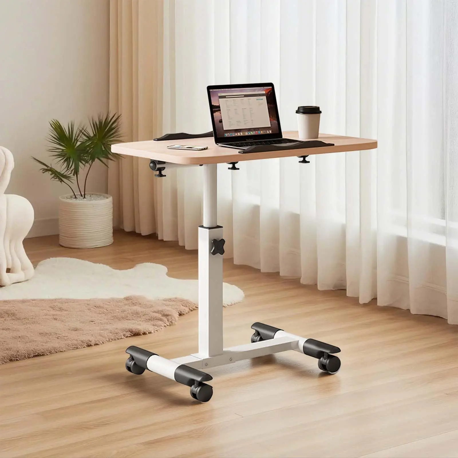 Ergonomic Home Office Adjustable Overbed Laptop Desk - Modern Rectangle Standing Desk Table, Height-Adjustable Tilting Workstation with Wheels, Portable Collapsible Rolling Wood Stand for Bed & Home Office, Standing Desk Tables