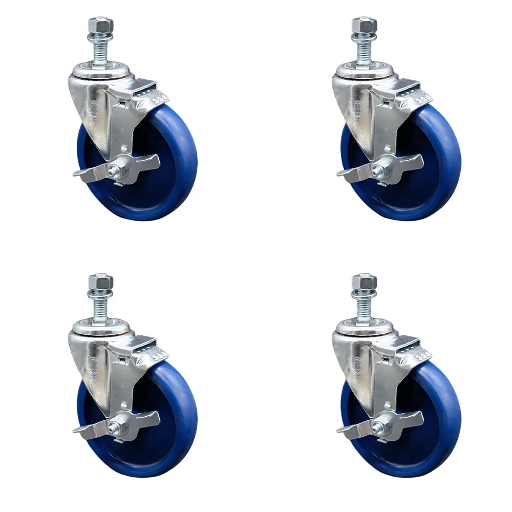 212 MAIN SCC-SSTS20S514-SPUS-TLB-381615-4 Stainless Steel Furniture Moving Caster Set (4-Pack), 5x1.25in Lockable Non-Marring Solid Polyurethane Swivel Wheels, 0.38in Threaded Stems, Top Lock Brakes for Material Handling Equipment, Furniture Moving Wheel