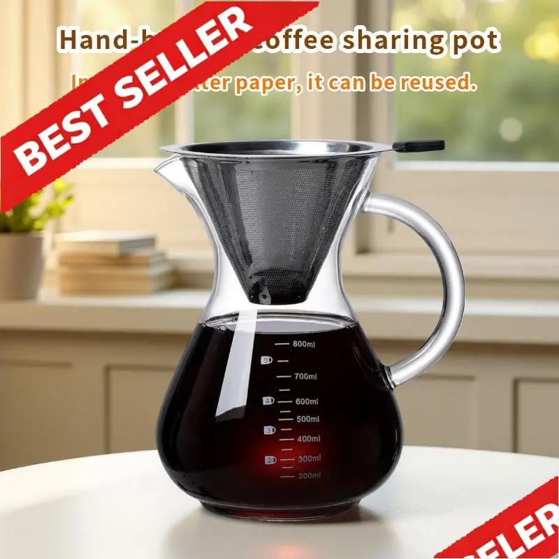 Manual Pour Over Coffee Brewer Set - High Borosilicate Heat-Resistant Transparent Modern Pot, Rustproof Reusable Stainless Steel Filter, Tea & Coffee Maker for Hot or Cold Brew Extract, Pour Over Coffee Maker Set