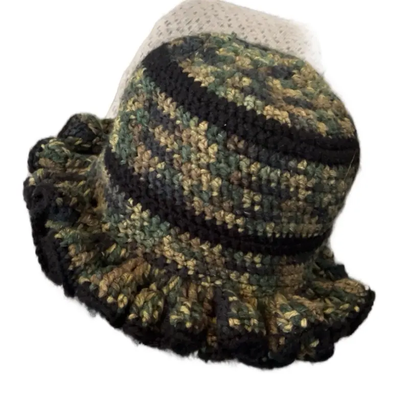 Hand Crocheted Army Fatigue Ruffle Hat - Camouflage Patterned Knit Cap for Stylish Wear