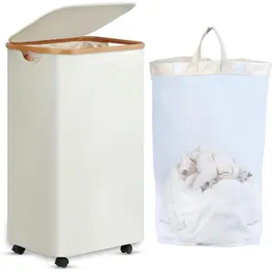 Laundry Basket with Wheels, Tall Rolling Laundry Hamper with Lid and Removable Bag, Aesthetic Dirty Clothes Hamper on Wheels for Laundry Room, Bedroom, Dorm and Bathroom, 100L Beige