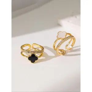 Elegant Four-Leaf Clover Ring for Women, Stylish Zirconia Open Design, Adjustable Rings, Perfect Gift for Parties & Daily Wear