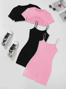 Four-Piece Set Women's Solid High Low Crop Tee & Cami Romper, Casual Short Sleeve Super Crop Top & Sleeveless Bodycon Romper, Summer Outfits 2025, Cute Summer Outfit