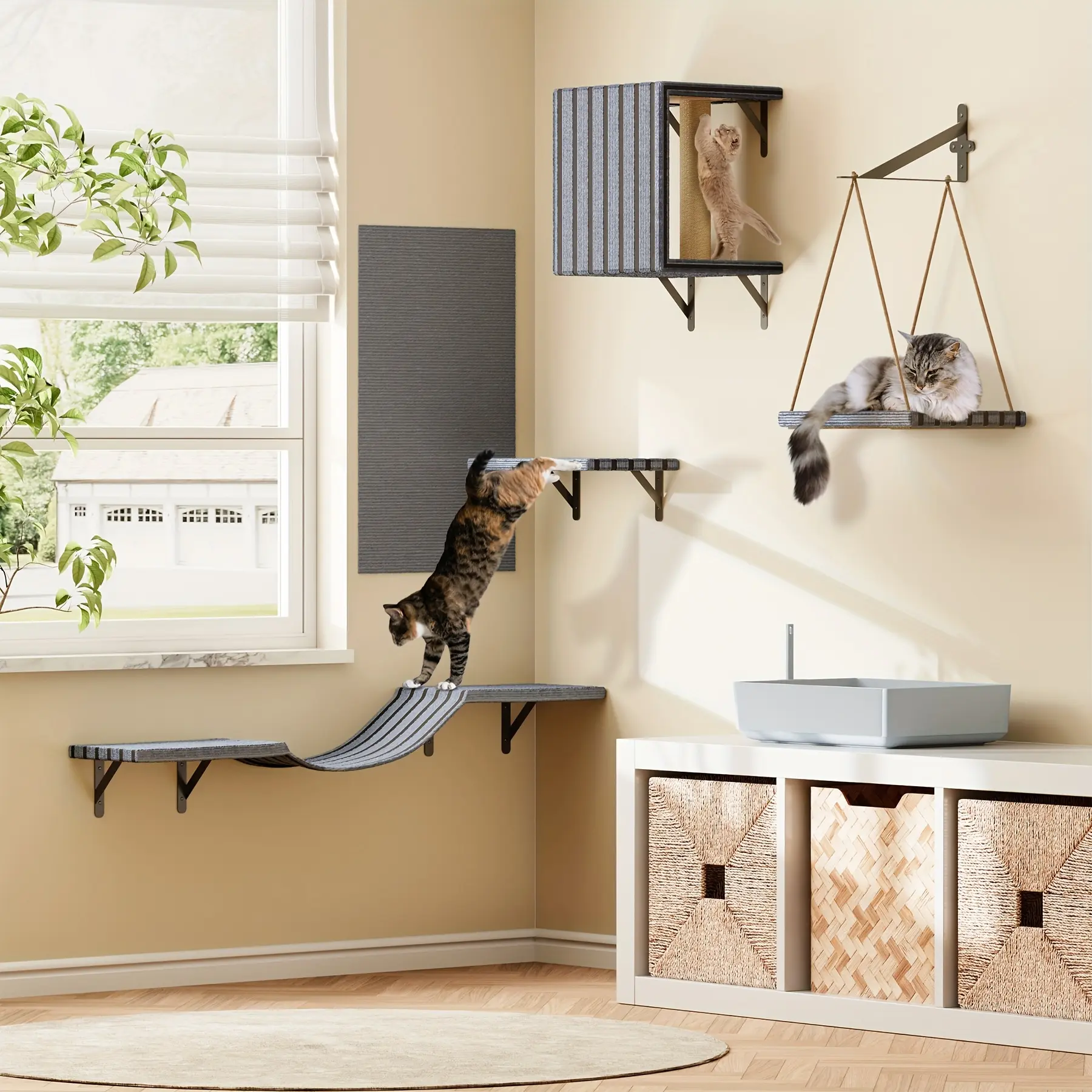 TOMNK Wall Mounted Cat Climber Set, Cat Wall Climbing System, Cat Furniture Set, Cat Climber with Cat House, Tunnel, Bridge, Tree, Steps, Scratcher Board And Hammock, Cat Shelves for Indoor, Luxury Cat Walls