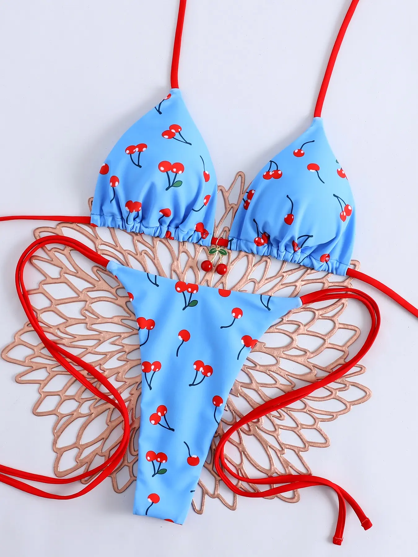 Sweet Cool Style Cherry Bikini, Halter Neck Tie High Cut Swimwear, Beach Vacation Slimming Swimsuit, Women's Summer Fashion, Beach Bikini Set, Fashion Beachwear Swimwear