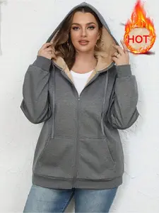 Women's Autumn Winter Warm Lamb Velvet Hooded Jacket, Casual Sporty Style with Pockets, Long Sleeve Zipper Design, Perfect for Cold Weather(gift)