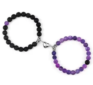 2 Pcs Couples Bracelet Magnetic Healing Stone Stretch Cord Friendship Bracelet for Men & Women