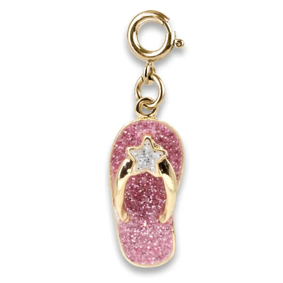 CHARM IT! Glitter Flip Flop Charm with Star Accent - Pink Glitter Design for Bracelets & Necklaces - Summer Vibes Jewelry Accessory