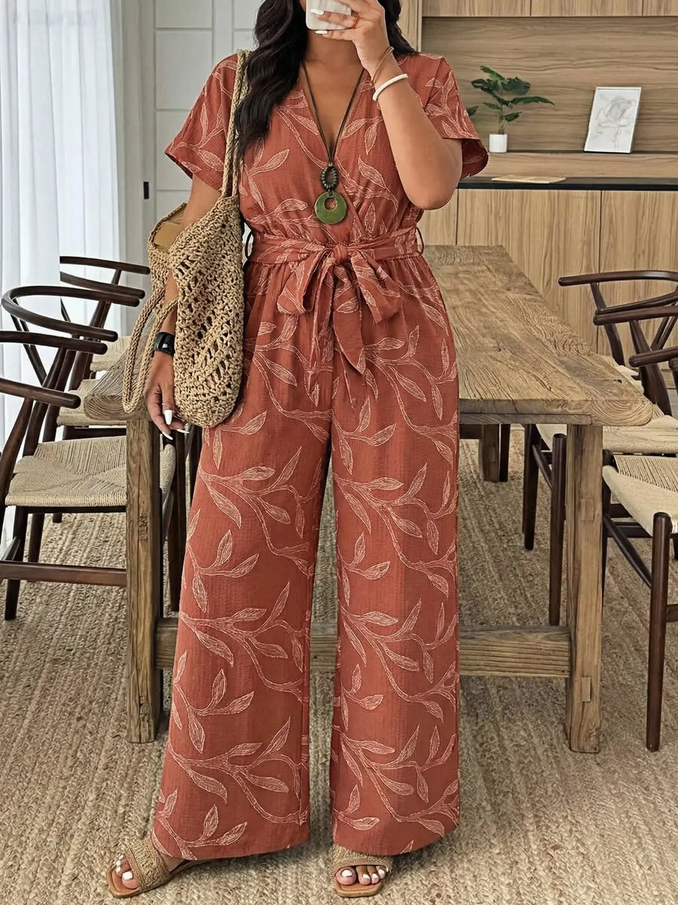 Women's V Neck Long Loose Fit Wide Leg Overall Jumpsuit, Textured Fabric with Adjustable Waist Belt, Elegant Split Design, All-Season Everyday Wear, Casual Outdoor & Commuting, Overalls Jumpsuit
