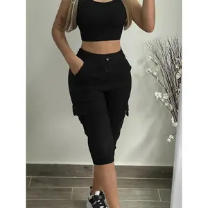Flap Pocket Capris Cargo Pants, Casual Drawstring Solid Color Sporty Pants, Women's Clothing