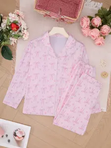 Women's All Over Butterfly Print Pajama Two-piece Set, Long Sleeve Lapel Neck Button Up Top & Pants PJ Set, Casual Comfy Loungewear Set for Women, Sleepwear Loungewear Set, Nightwear, Pyjama Set