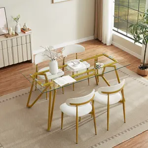 70.9" Rectangle Glass Dining Table for 1-8 People Tempered Glass Top Gold Stainless Steel Legs Space Saving Easy to Assemble Suitable for Dining Room Living Room Apartments