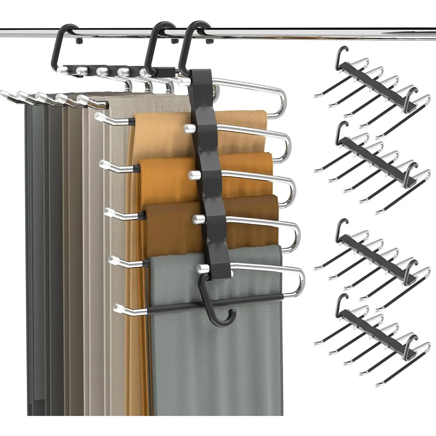Pants Hangers Space Saving - 4 count Closet Organizer and Storage Jean Hangers, Stainless Steel Anti-Slip Clothes Hanger Scarf Holder Pants for Jeans Leggings Trousers Rack for  to School, Black