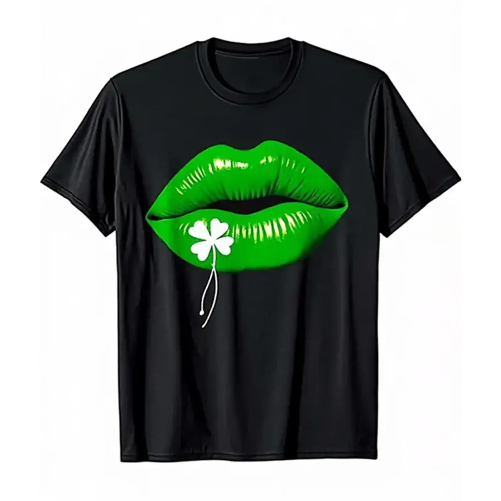 Unisex Premium Soft Cotton Short-Sleeve Sports T-Shirt - Lucky 4-Leaf Clover Green Lips Graphic, Irish St. Patrick’s Day Crew Neck, Girl Birthday Gift, Breathable Casual Top