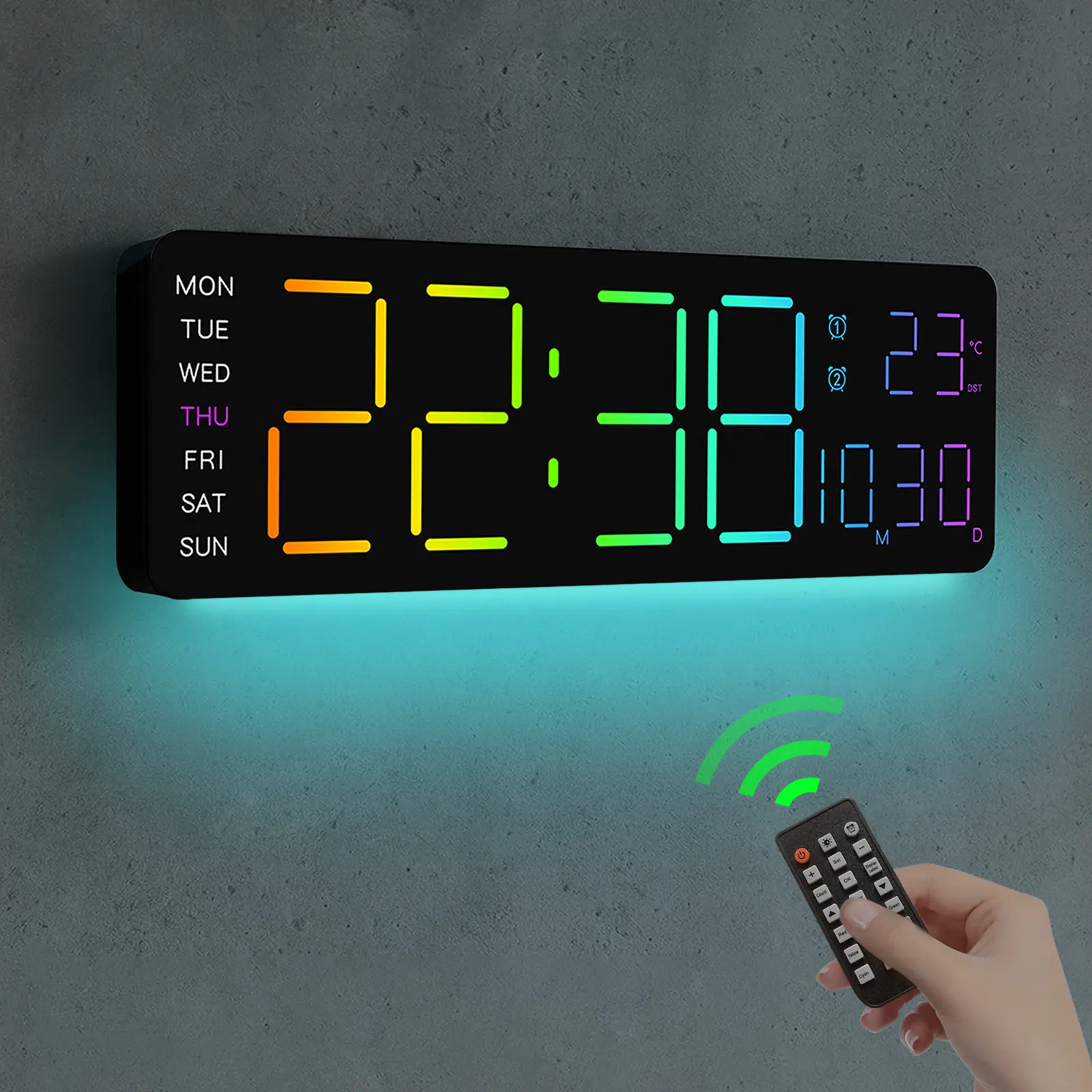 JOFOMP 13" Large LED Wall Clock with Eye-Friendly Night Light - Adjustable, 11 RGB Colors, Countdown Timer, Alarm, Temperature Display, Wall Mount & Desk Stand, Home Decor Ideal for Seniors