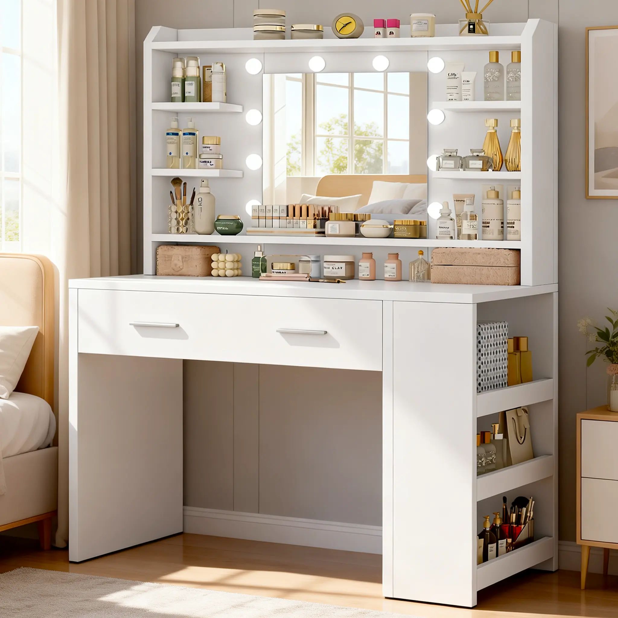 Makeup Vanity Desk with Mirror and Light,Modern Makeup Vanity Table, CurvedHandle-Free Desk with LED Lights and Mirror, 6 StorageShelves, Side Open Storage for Bedroom campingessentials