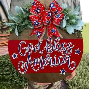 4th of July Wooden Door Sign, God Bless America Star Wreath, Patriotic Door Hanger for Independence Day, 4th of July Decoration & Wreath, Outdoor Decor
