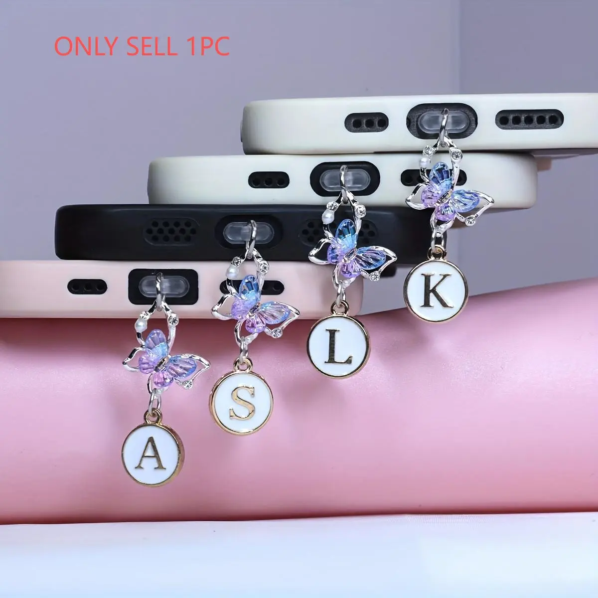 1PC Exquisite Water Crystal Gradient Butterfly & White 26-Letter Pendant Phone Dust Cover Cell Phone Charm Decorative Accessory for iPhone/Samsung/Type-C Port Dust Cover Phone Decoration Cell Phone Accessories Cellphone Accessories
