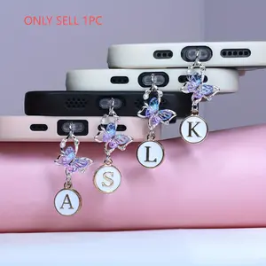 1PC Exquisite Water Crystal Gradient Butterfly & White 26-Letter Pendant Phone Dust Cover Phone Charm Decorative Accessory for iPhone/Samsung/Type-C Port Dust Cover Phone Decoration