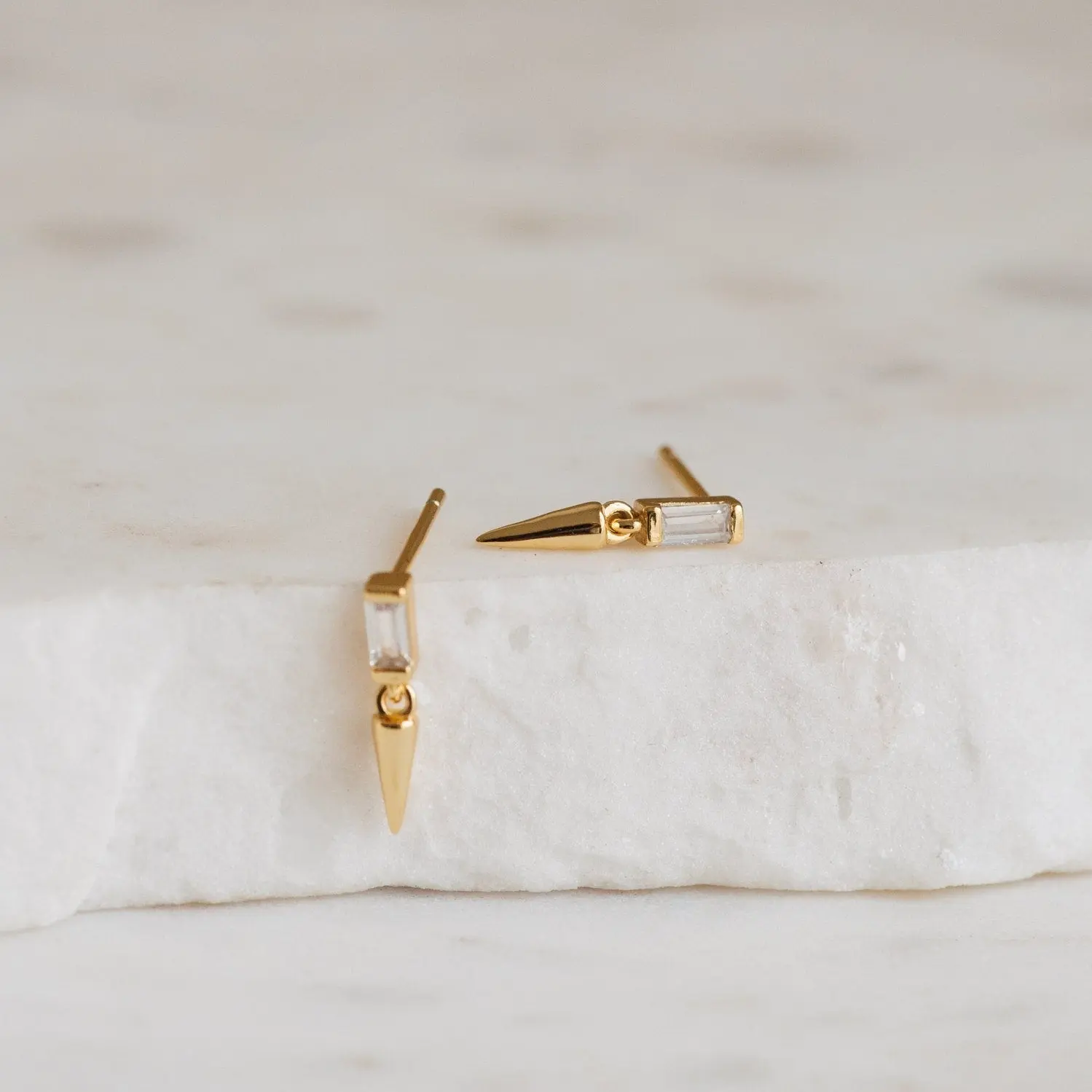 Wren Spike Studs by Caitlyn Minimalist - Dainty Baguette Diamond Dangle Stud Earrings - Unique Everyday Earrings - Birthday Gift
